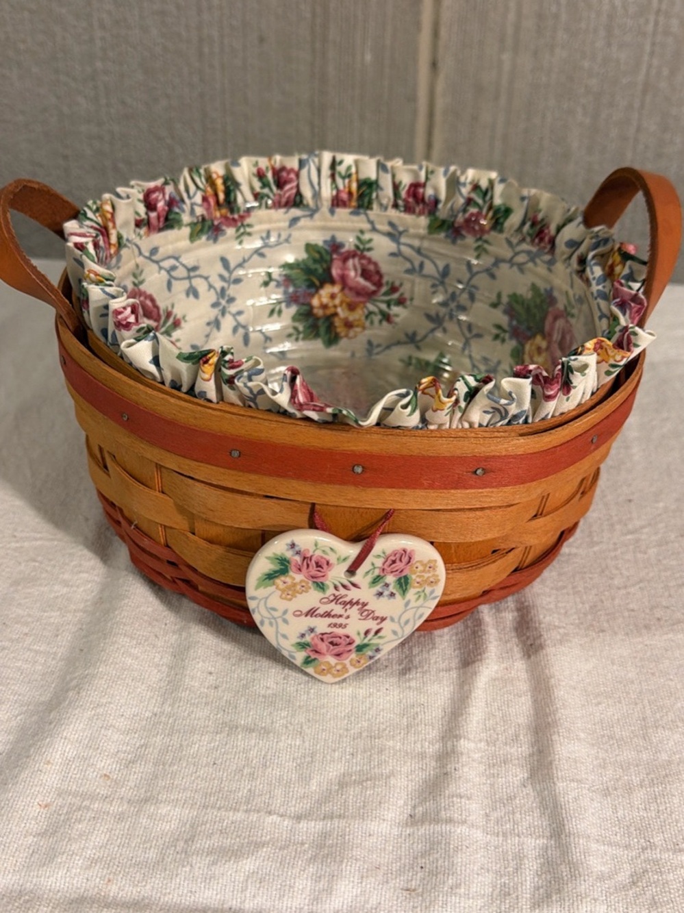Longaberger Floral-Lined Handwoven Basket in Brown, Cream and Pink